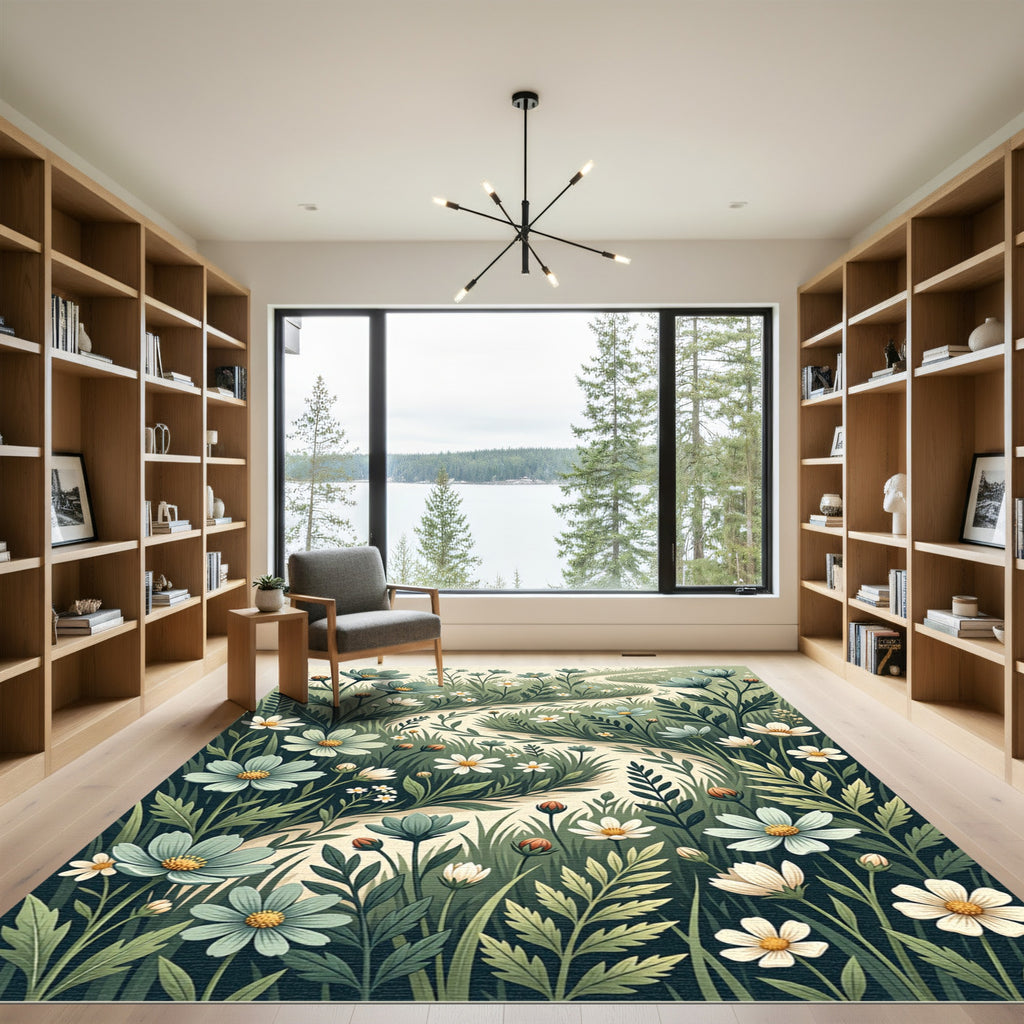 Sage Green Whimsical Wildflower Meadow Rug