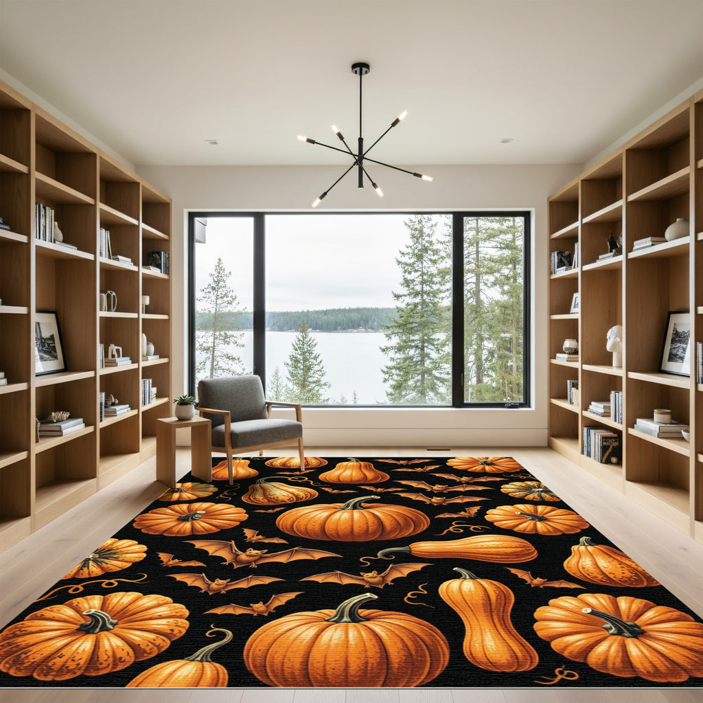 Spooky Halloween Harvest Pumpkin and Bat Rug