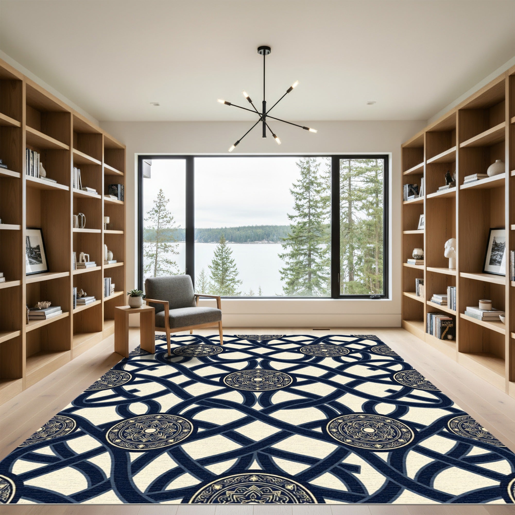 Navy Intertwined Lines Gold Mandala Rug