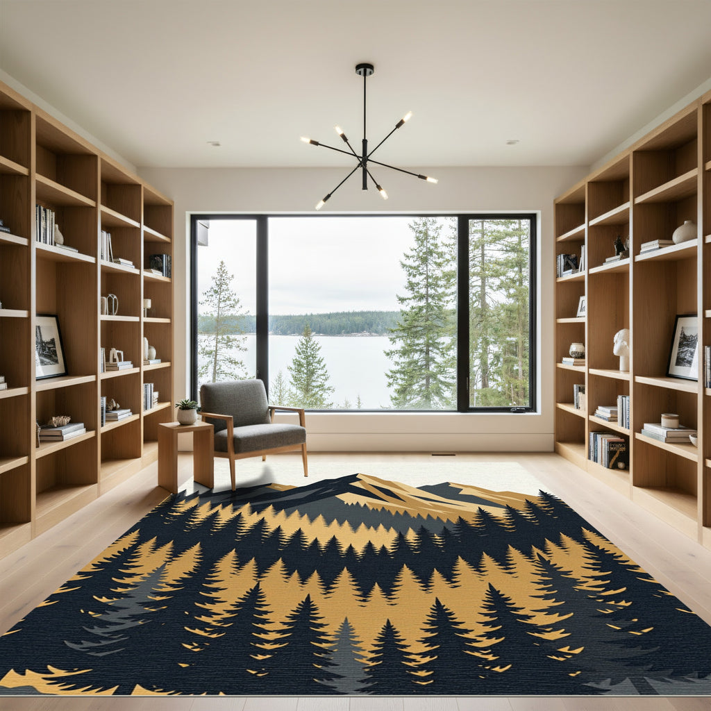 Minimalist Golden Mountain Forest Landscape Rug