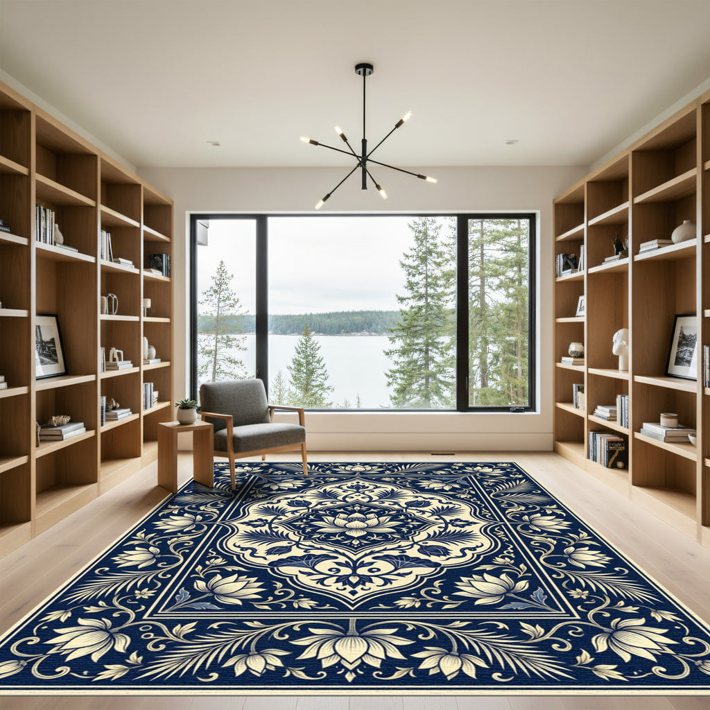Deep Blue Ivory Floral Medallion Rug