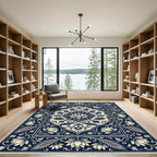 Deep Blue Ivory Floral Medallion Rug
