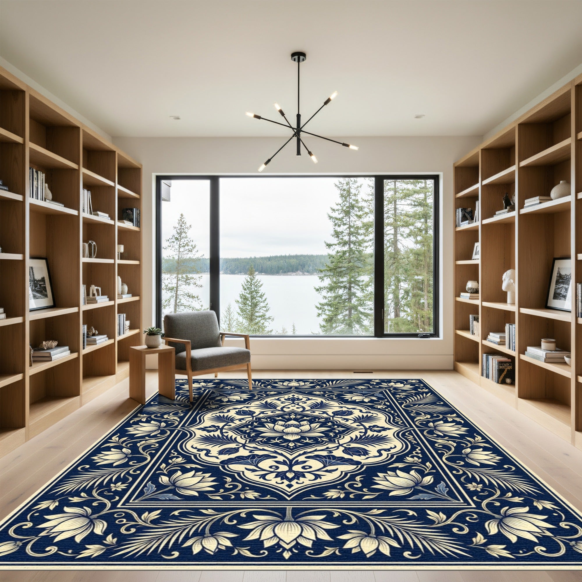 Deep Blue Ivory Floral Medallion Rug