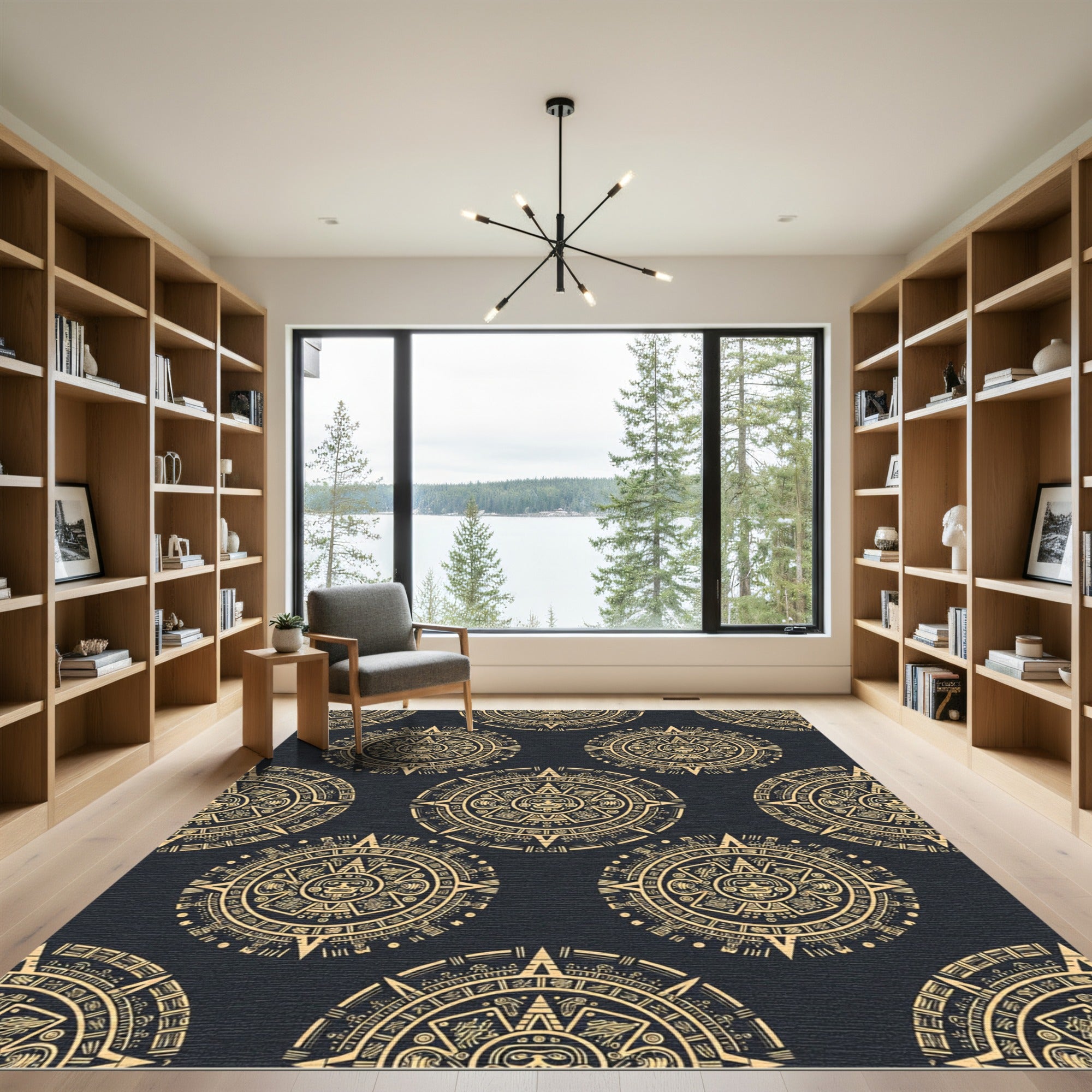 Gold Aztec Calendar Circular Black Rug