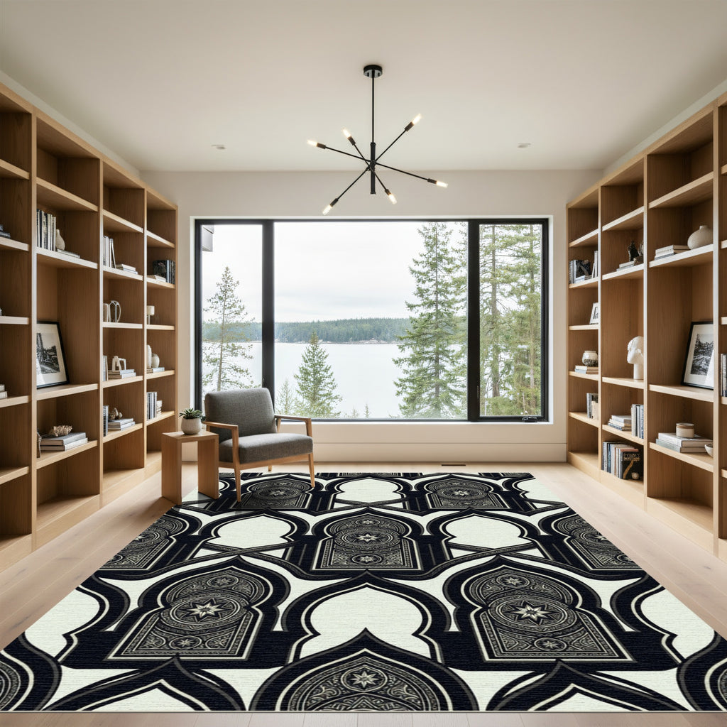 Monochrome Geometric Star Arched Lattice Rug