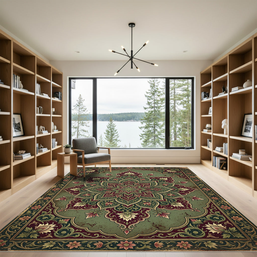 Ornate Sage and Maroon Floral Medallion Rug