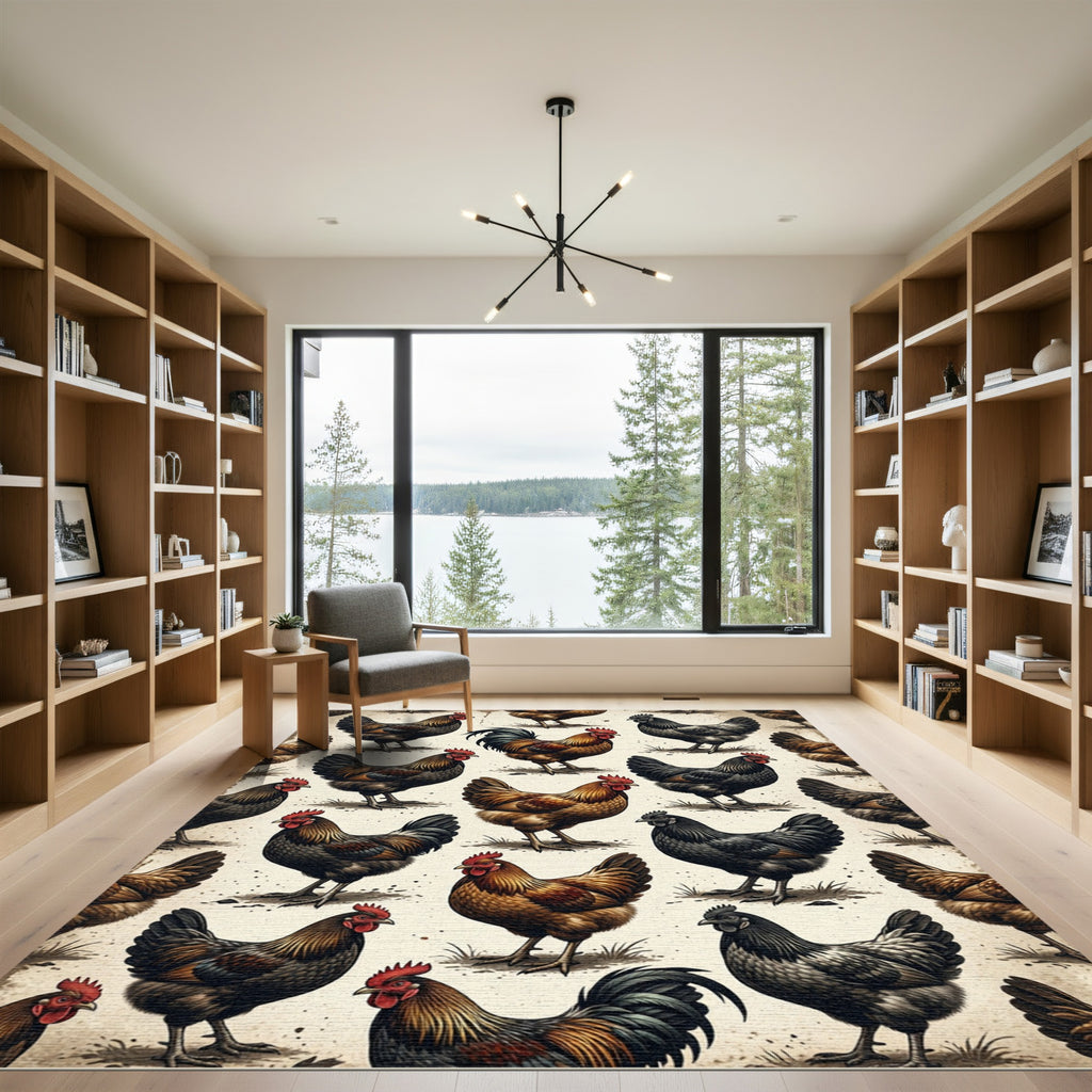 Rustic Farmhouse Rooster Chicken Folk Art Rug