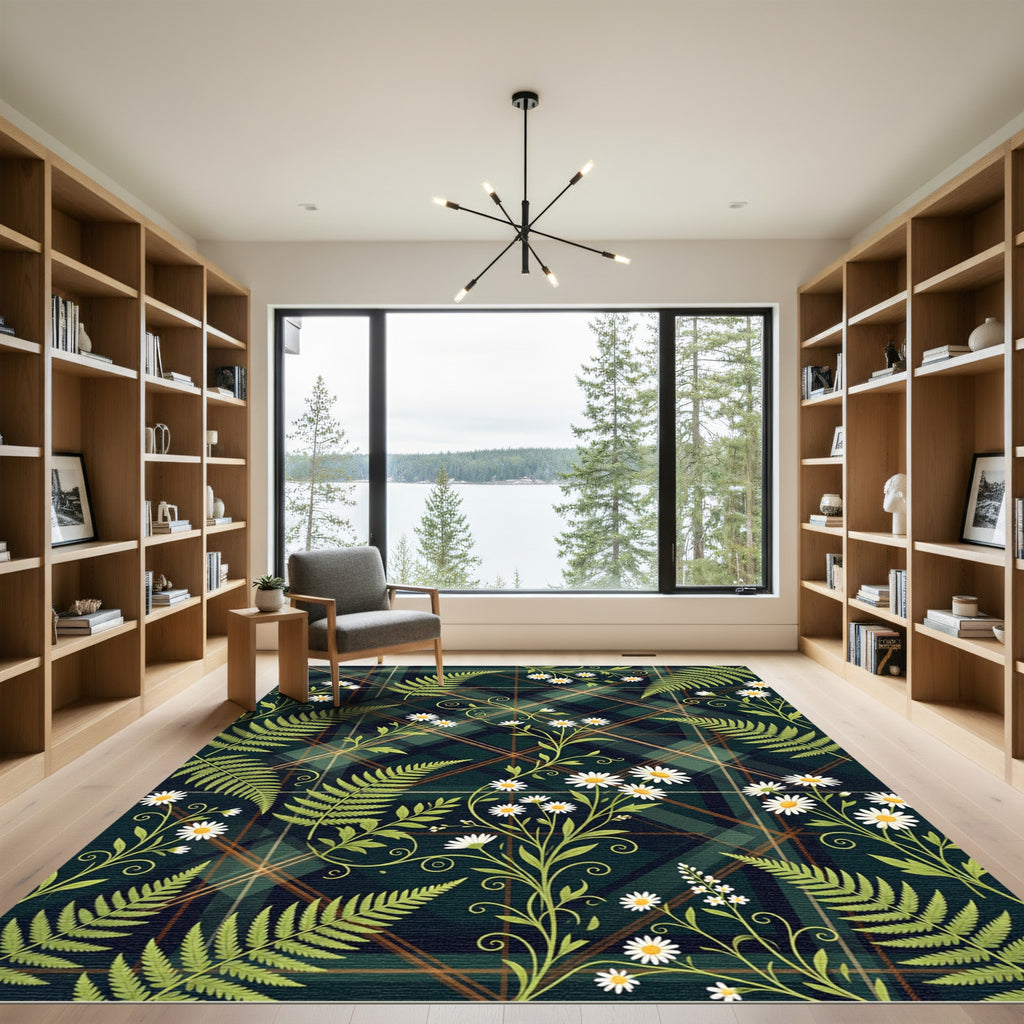 Dark Green Tartan Fern Daisy Meadow Rug