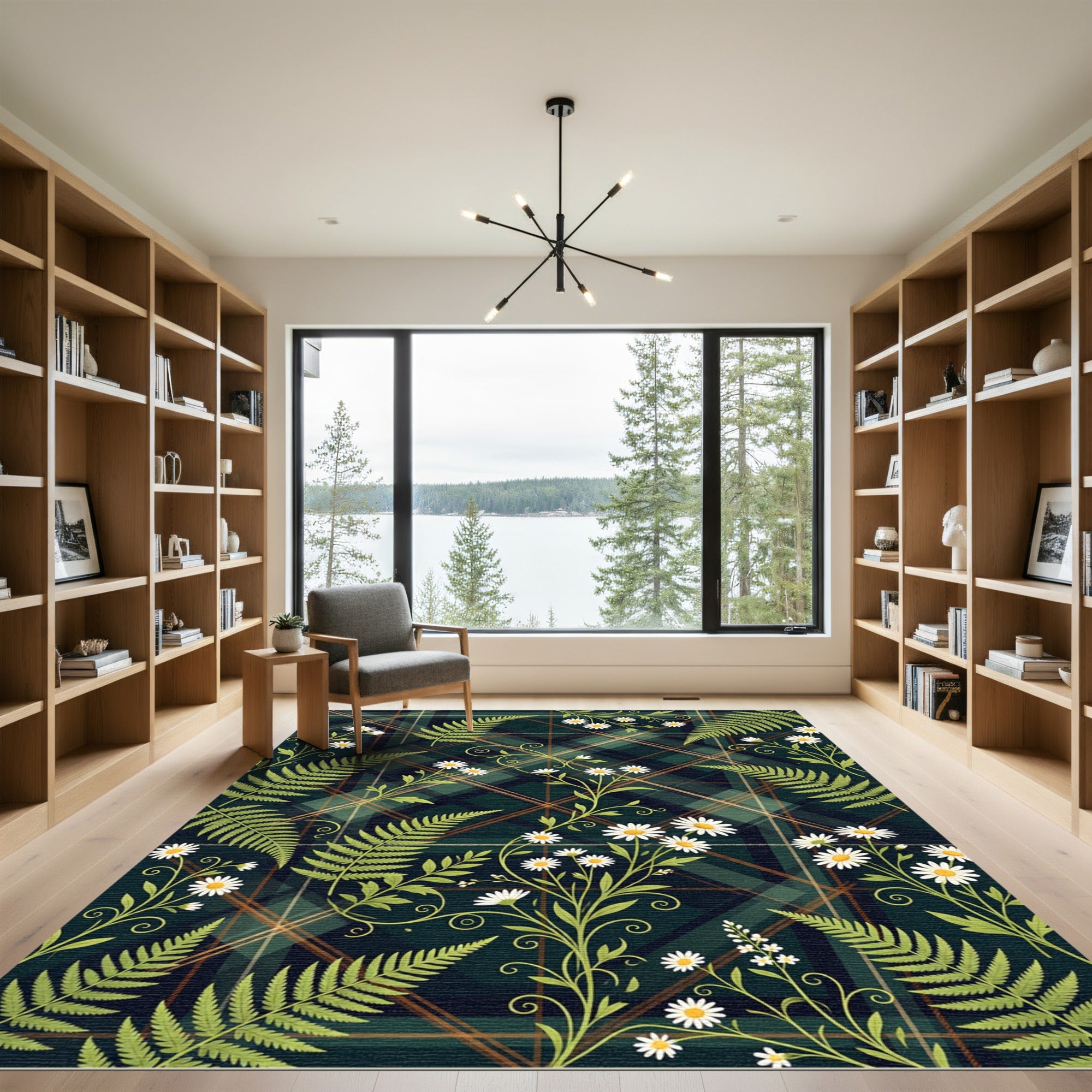 Dark Green Tartan Fern Daisy Meadow Rug
