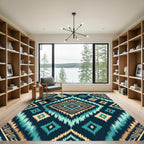 Teal and Gold Ikat Geometric Diamond Rug