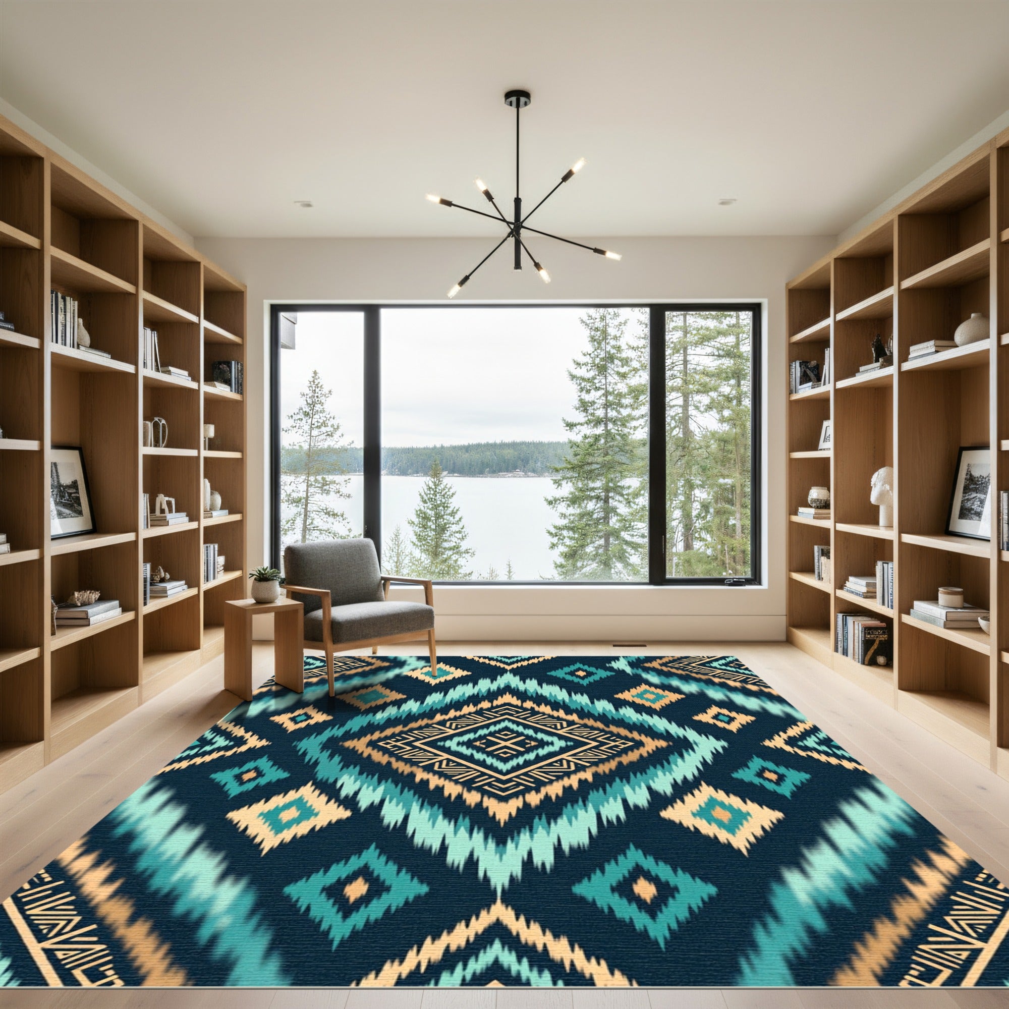 Teal and Gold Ikat Geometric Diamond Rug