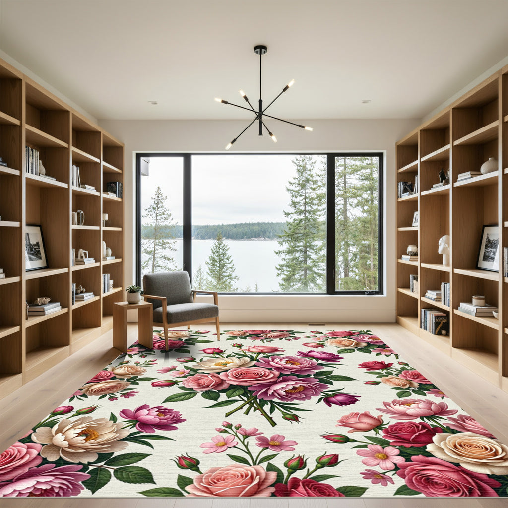 Elegant Pastel Rose Peony Floral Bouquet Rug