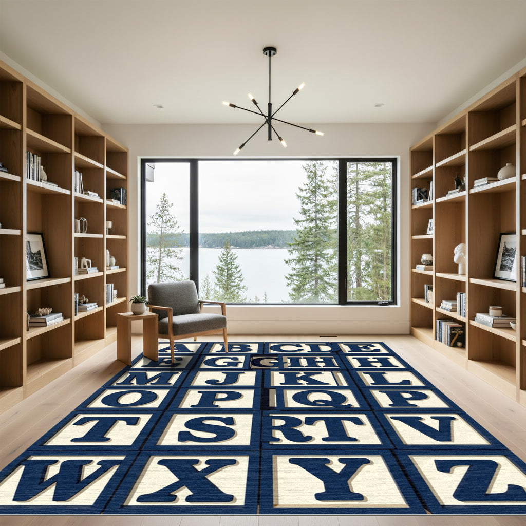 Navy Bold Alphabet Block Tile Grid Rug