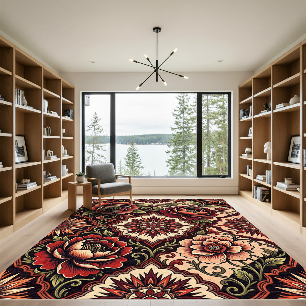 Bold Red Floral Medallion Tapestry Rug