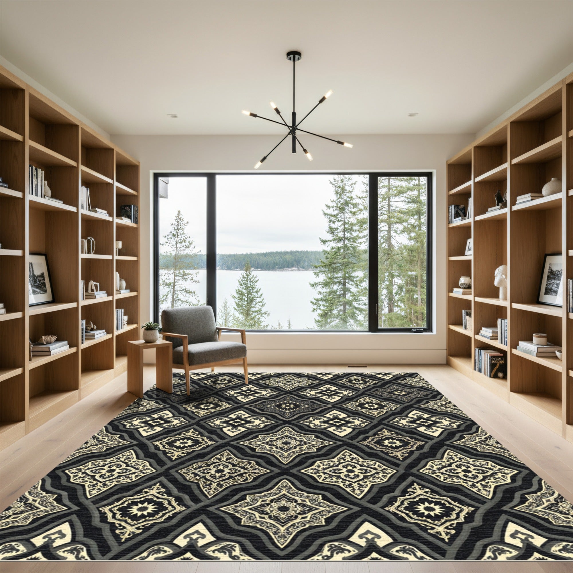 Elegant Black and Gold Lattice Medallion Rug