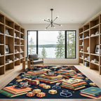 Whimsical Scholarly Mouse Library Illustration Rug