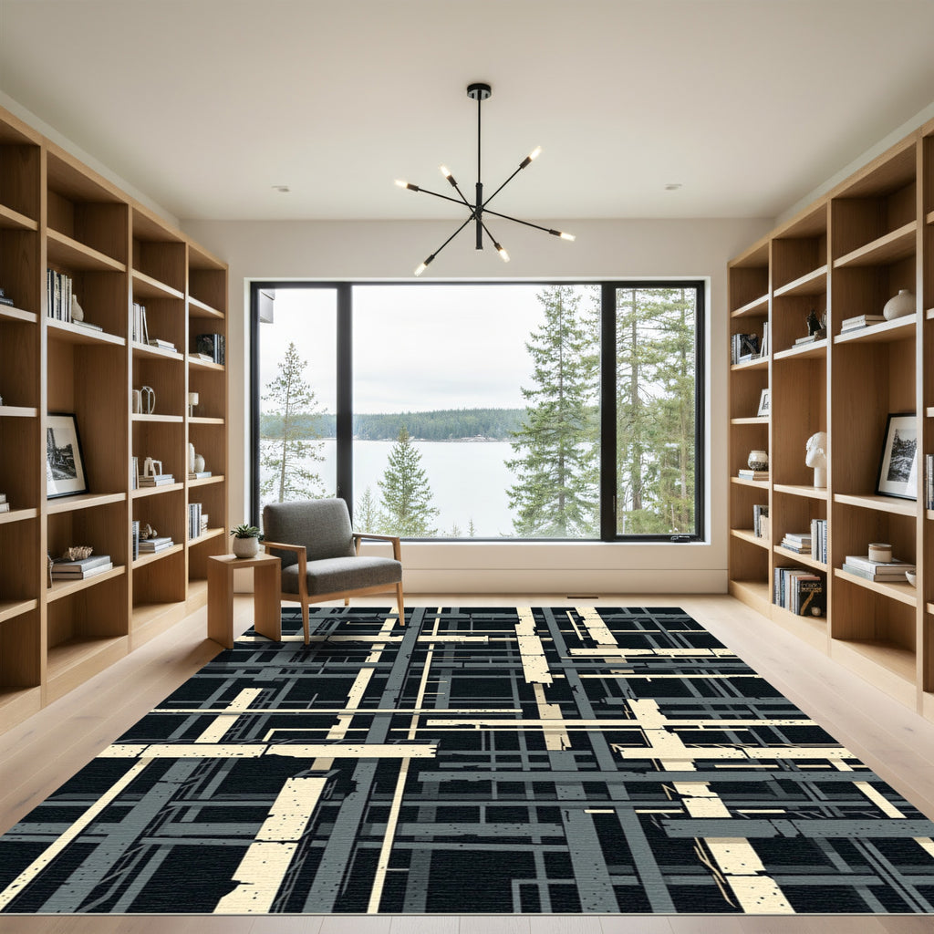 Abstract Brutalist Concrete Grid Black Cream Rug