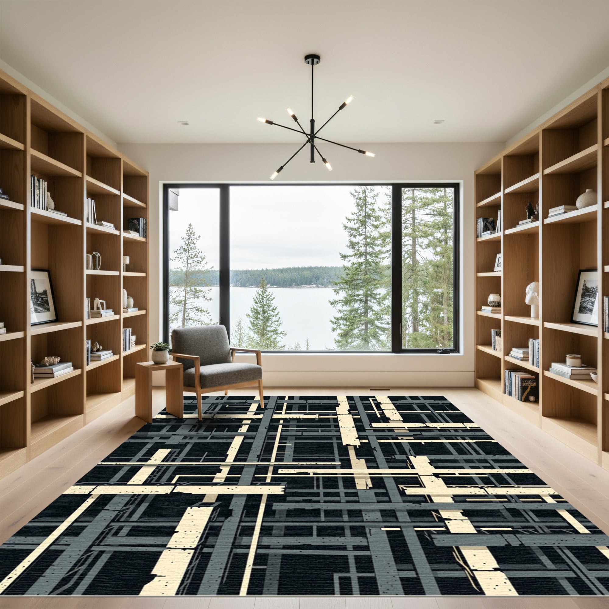 Abstract Brutalist Concrete Grid Black Cream Rug