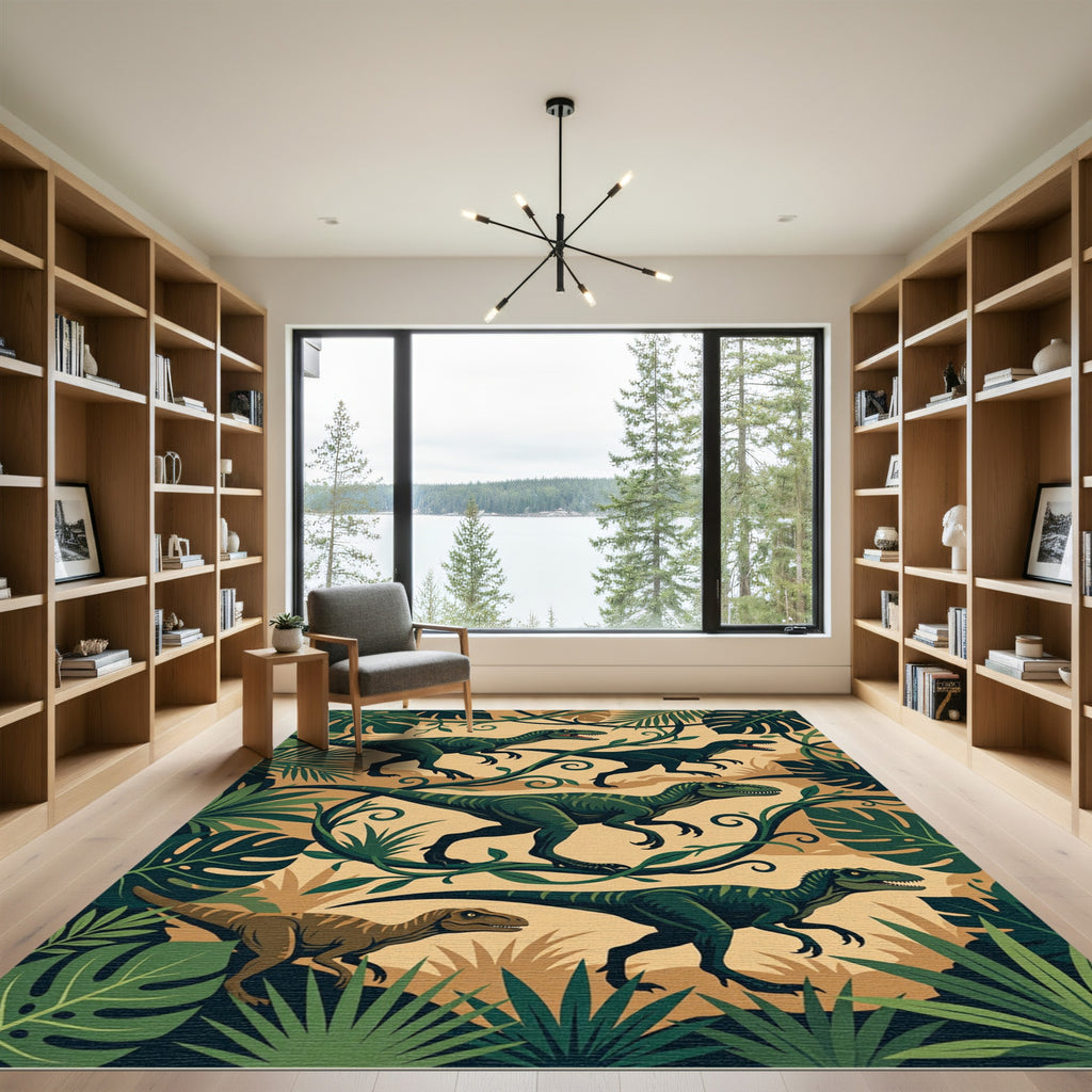Dark Green Jungle Raptor Leaf Art Rug