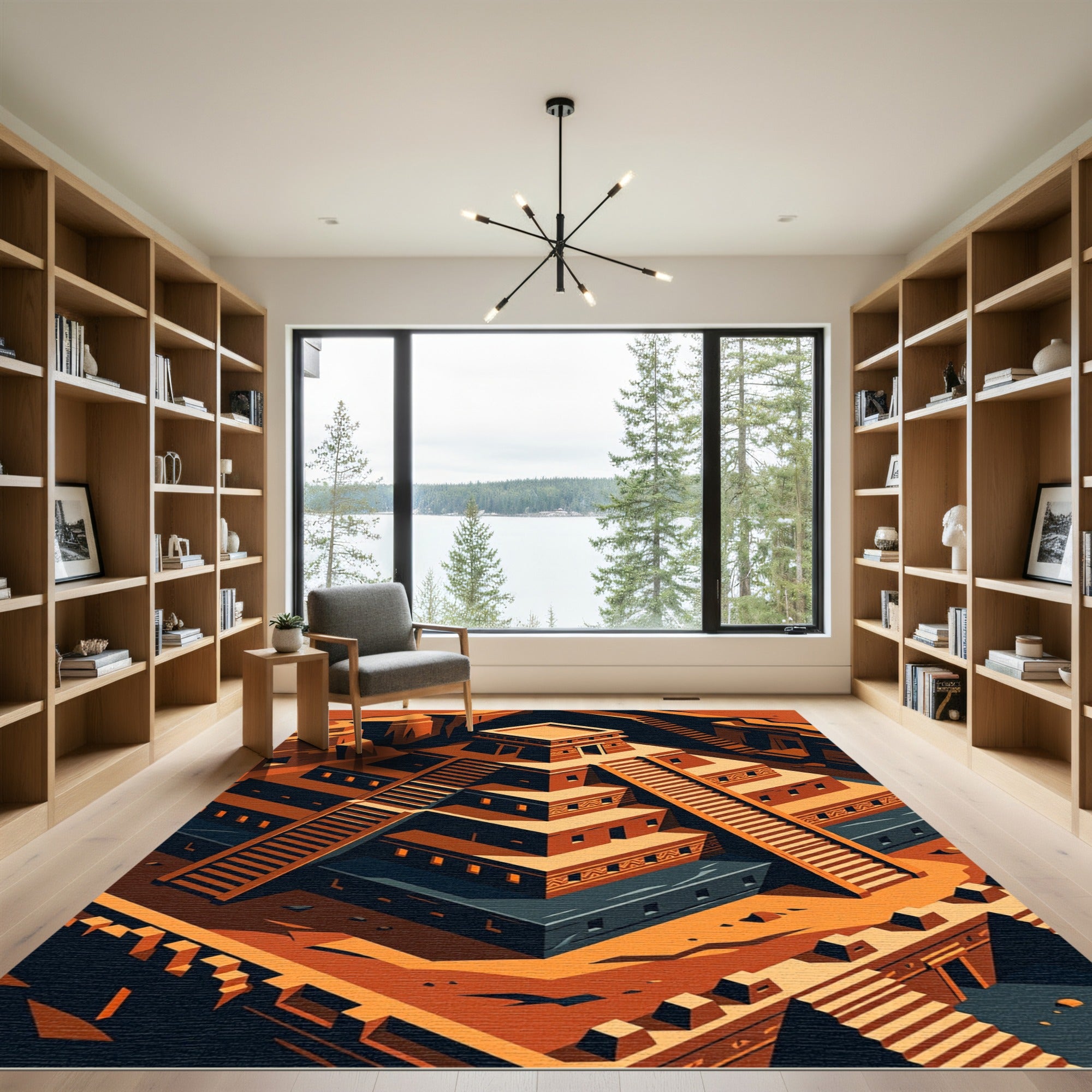Terracotta Aztec Step Pyramid Geometric Staircase Rug