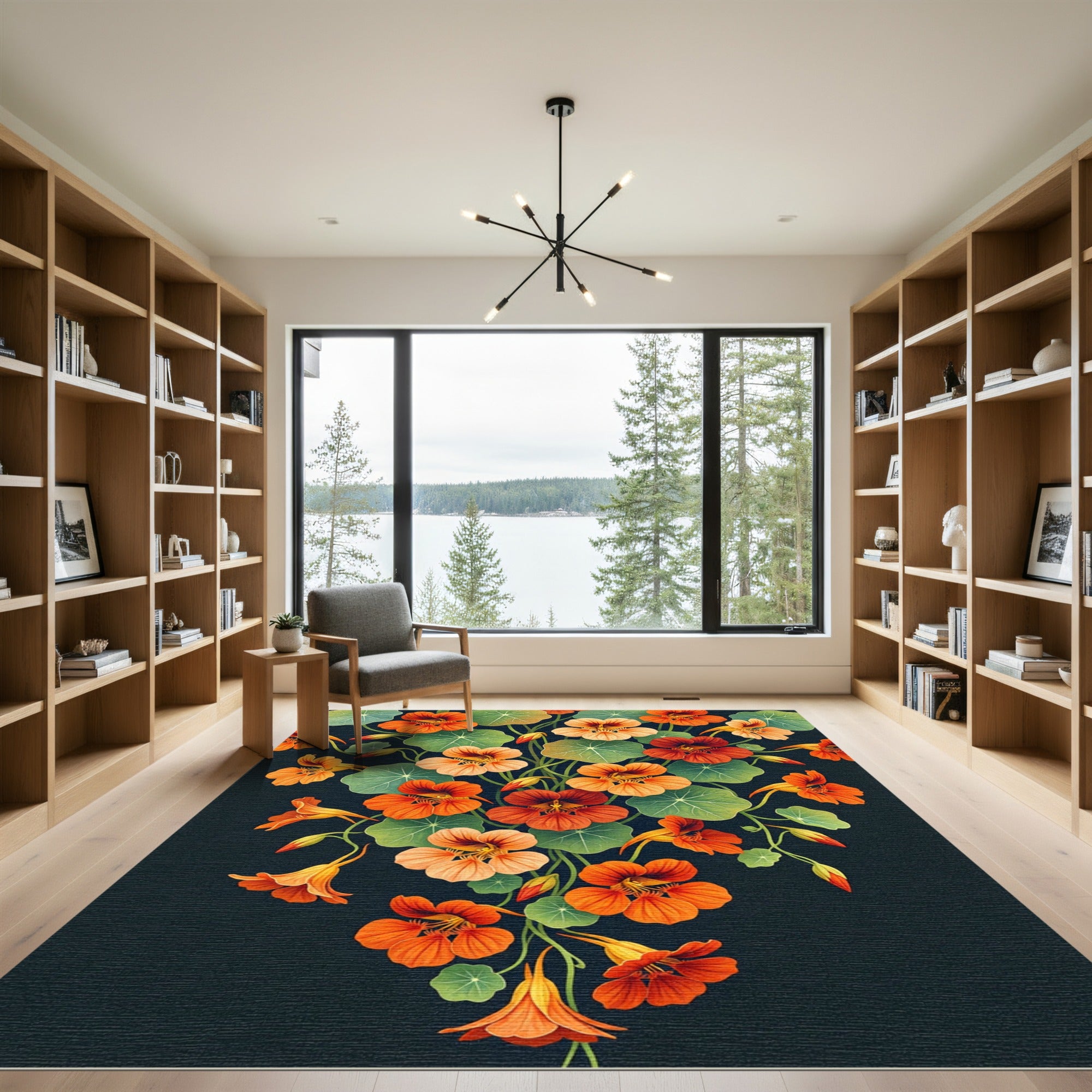 Vibrant Orange Nasturtium Botanical Statement Rug