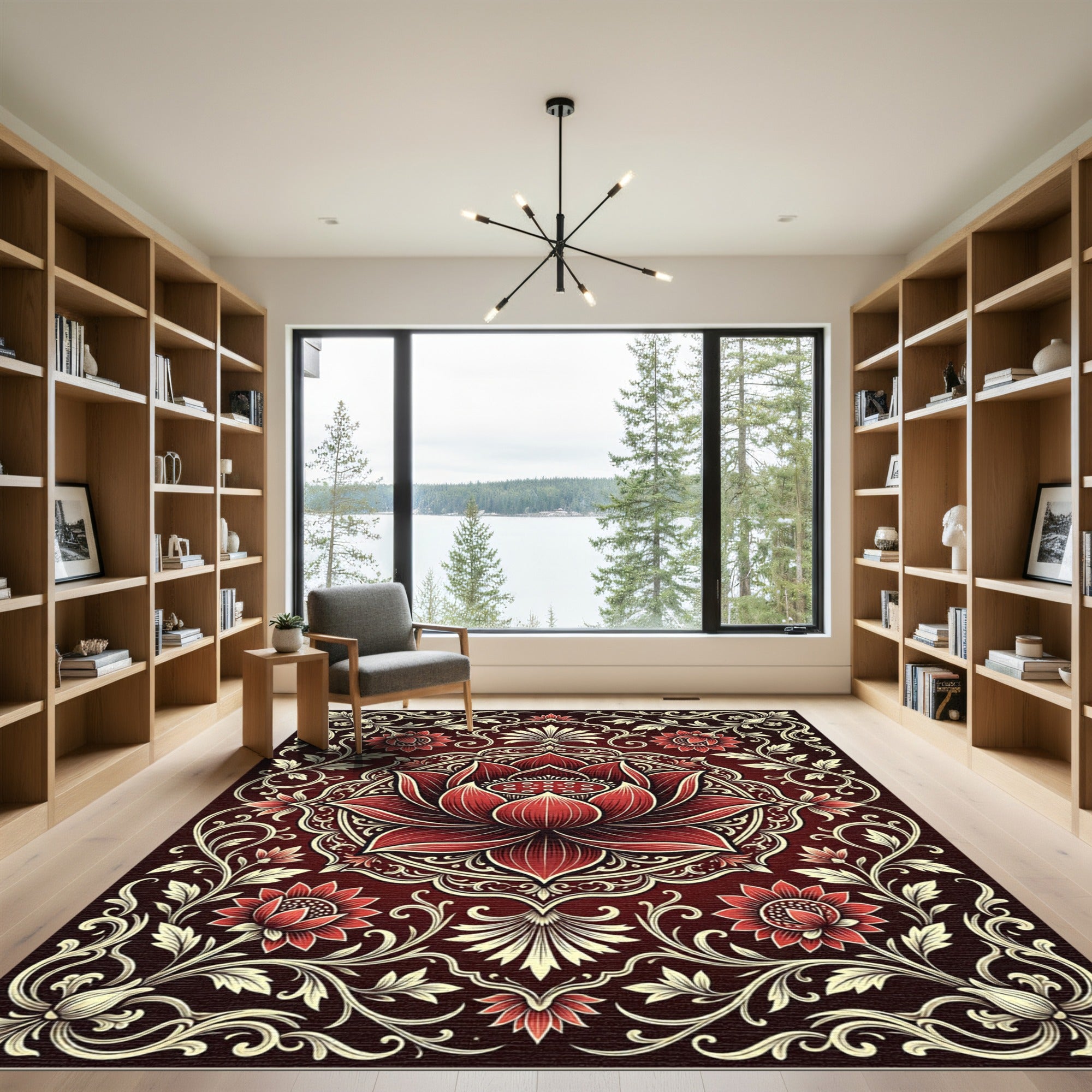 Crimson Lotus Floral Medallion Accent Rug