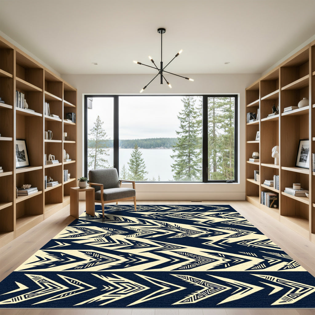 Navy Cream Geometric Chevron Graphic Rug