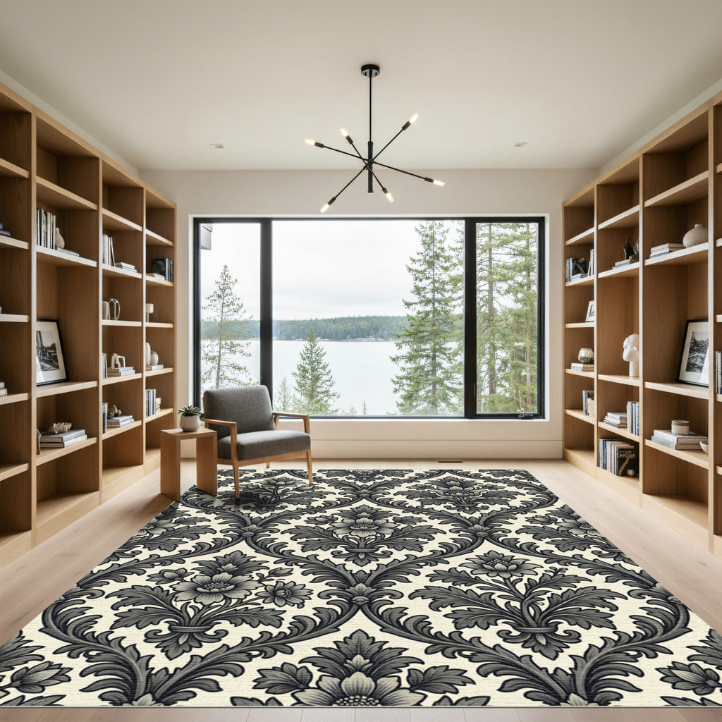 Elegant Charcoal Damask Scroll Flourish Rug