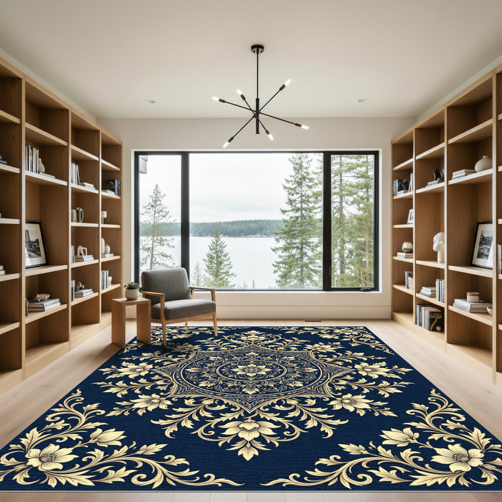Elegant Navy Floral Gold Medallion Rug