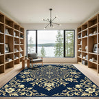 Elegant Navy Floral Gold Medallion Rug