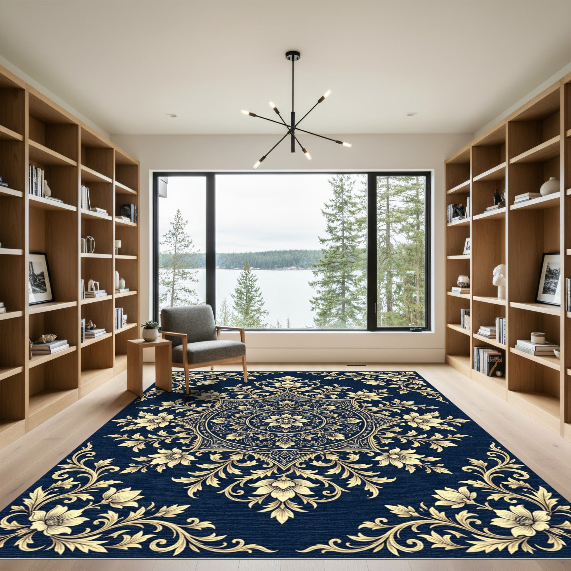 Elegant Navy Floral Gold Medallion Rug
