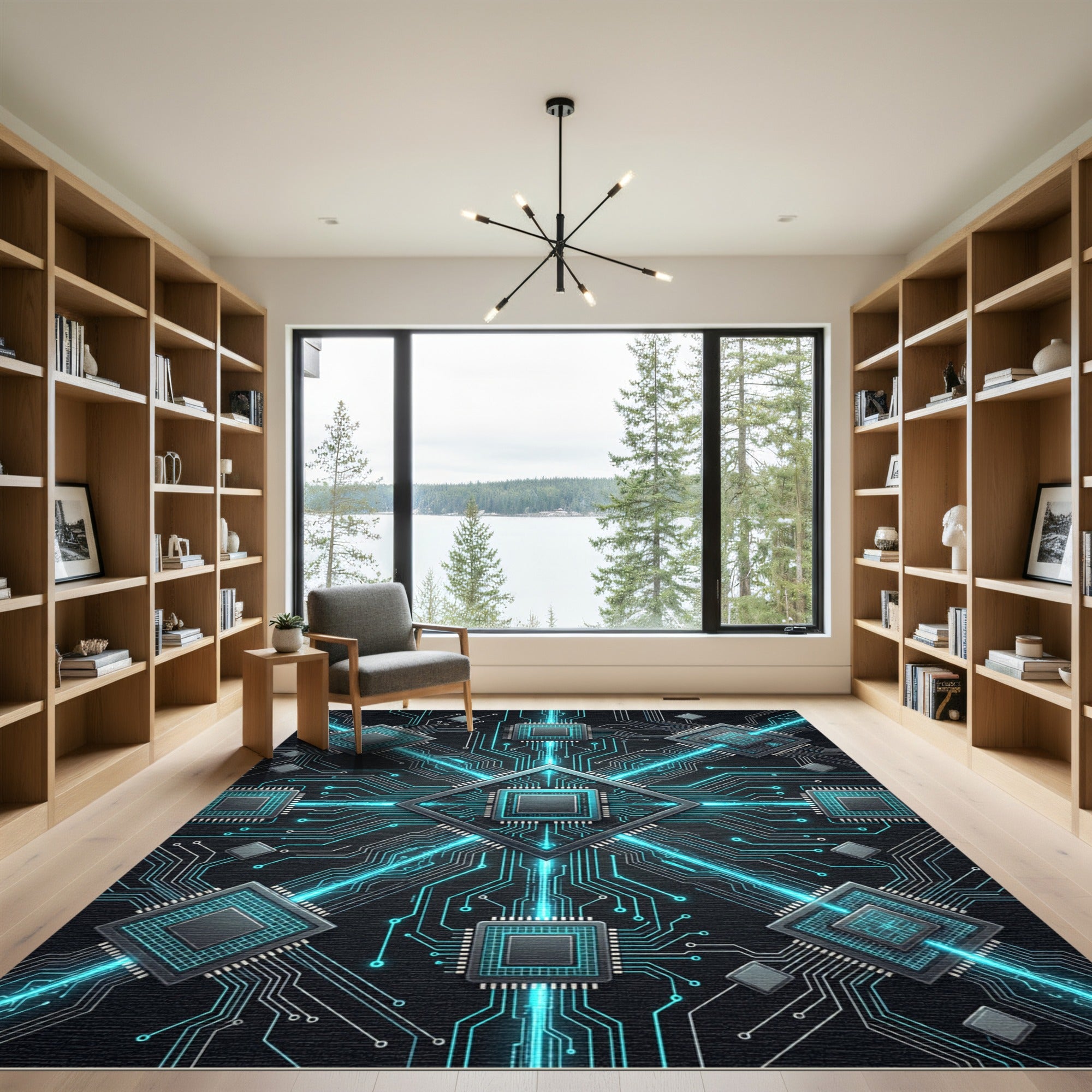 Neon Cybernetic Circuitry Geometric Grid Rug