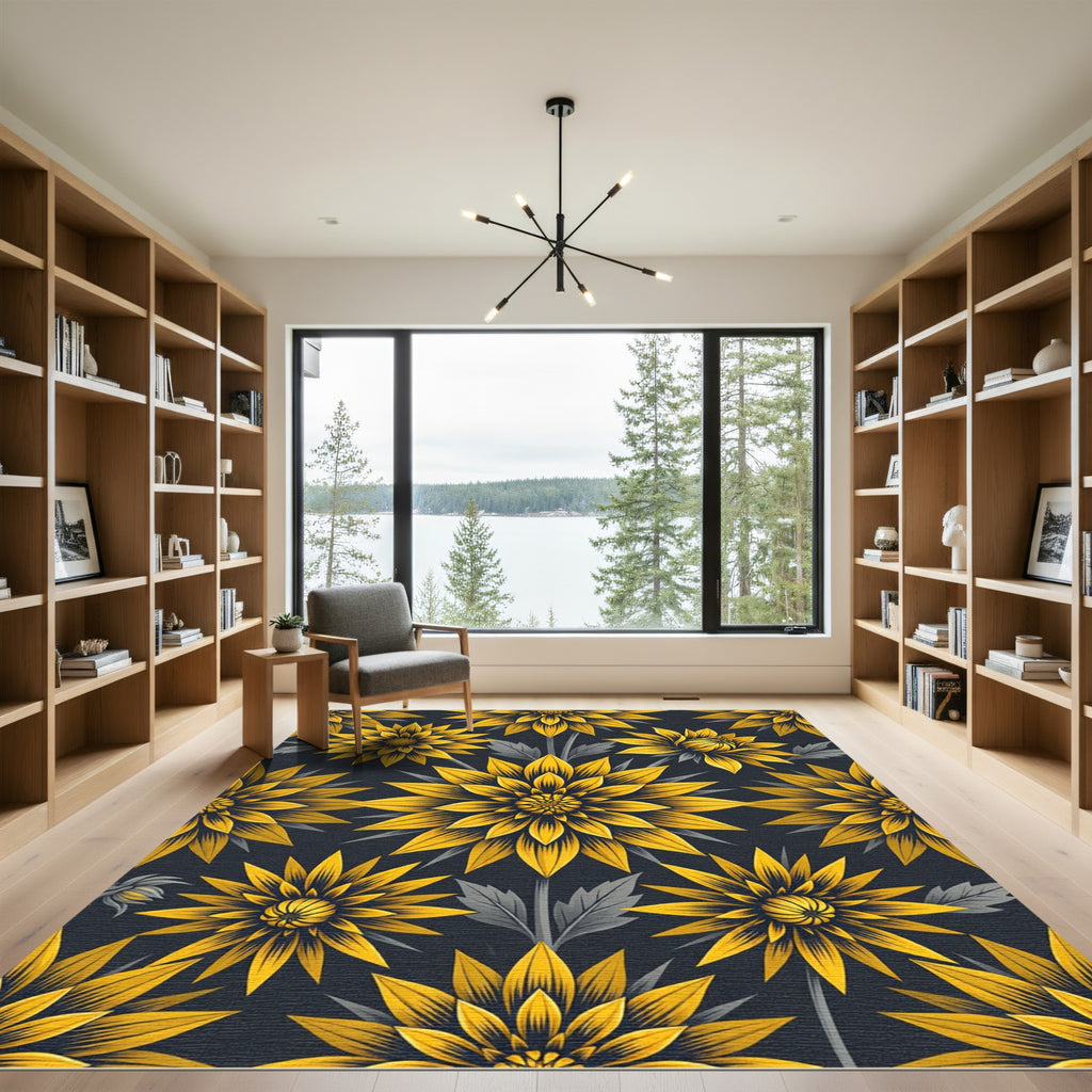 Golden Sunflower Floral Black Background Rug