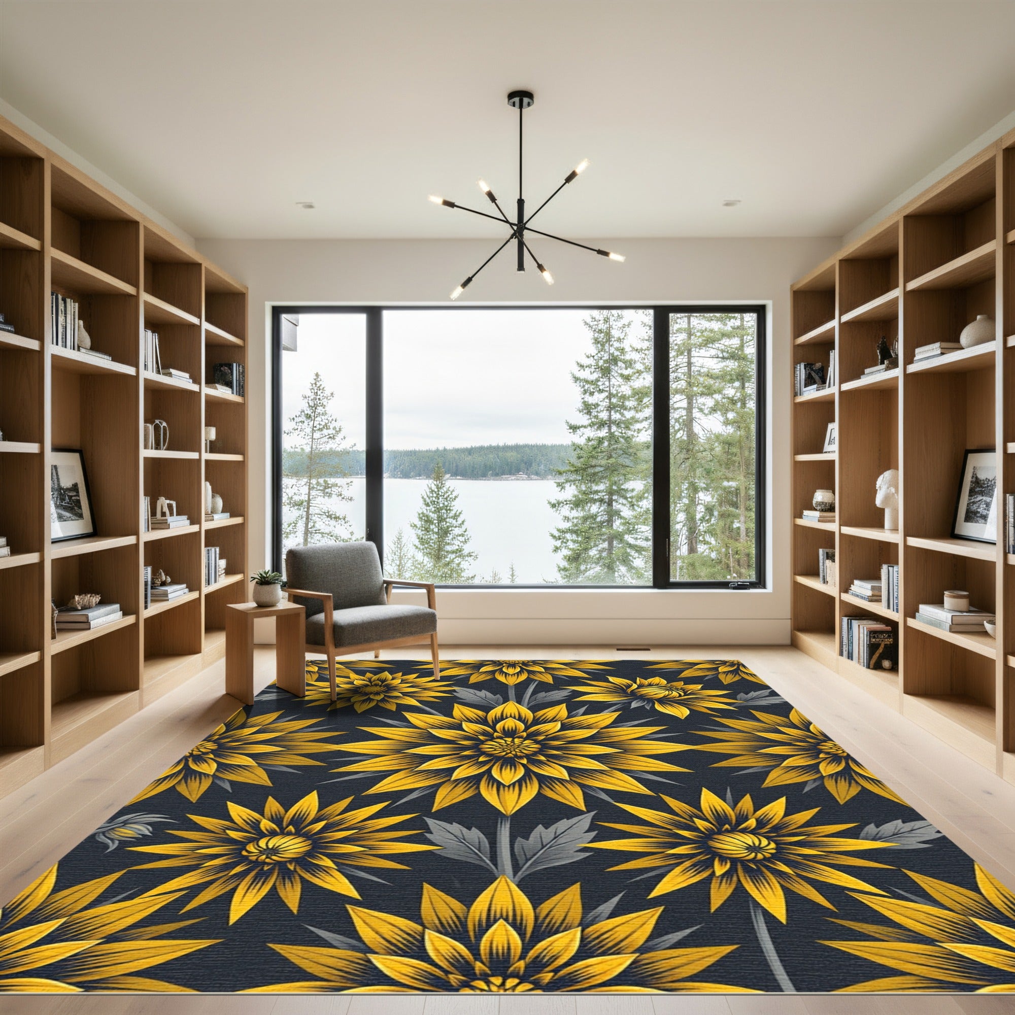 Golden Sunflower Floral Black Background Rug