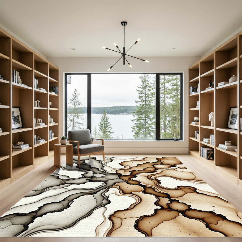 Abstract Marble Ink Swirl Brown Beige Rug