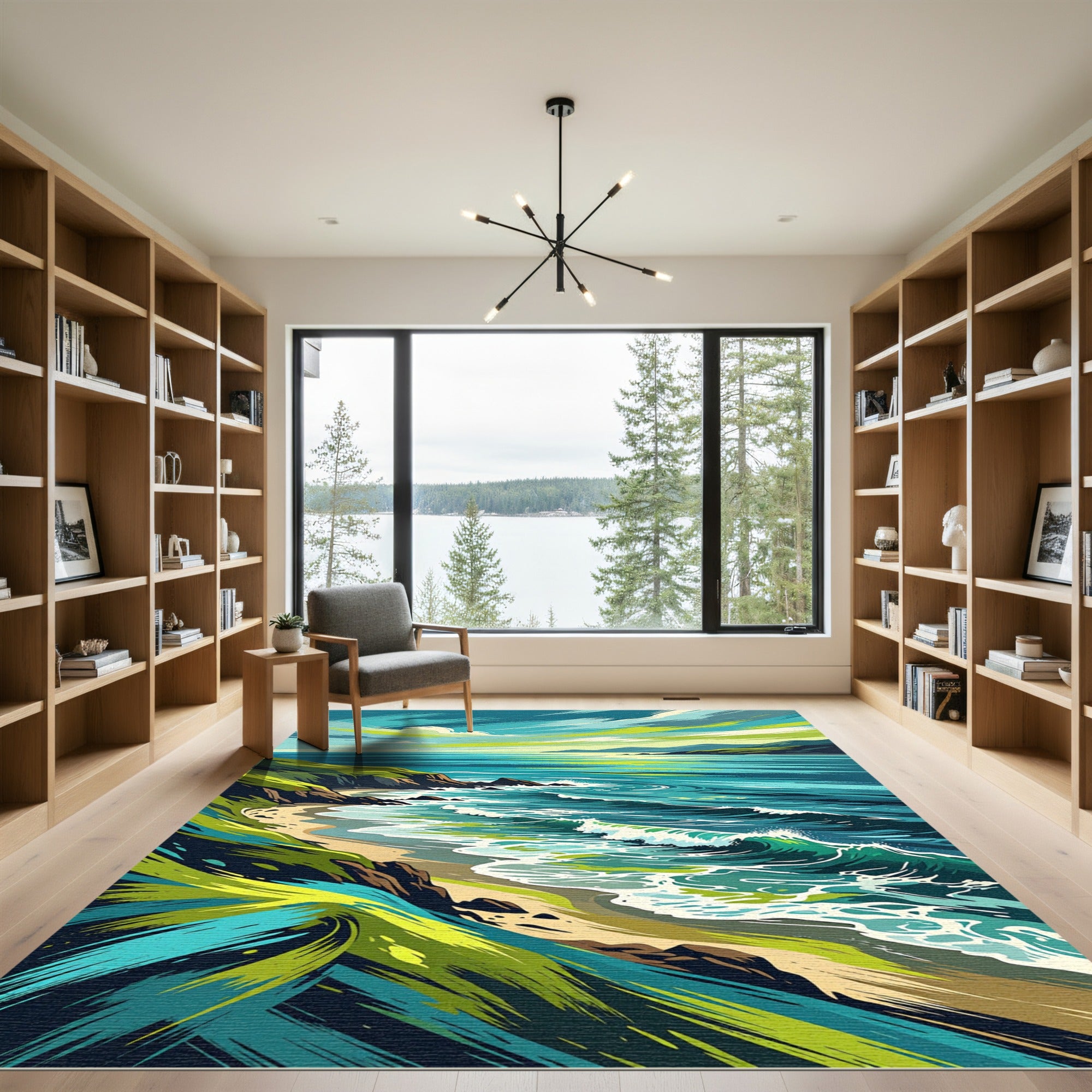 Emerald Coastal Impressionist Wave Landscape Rug