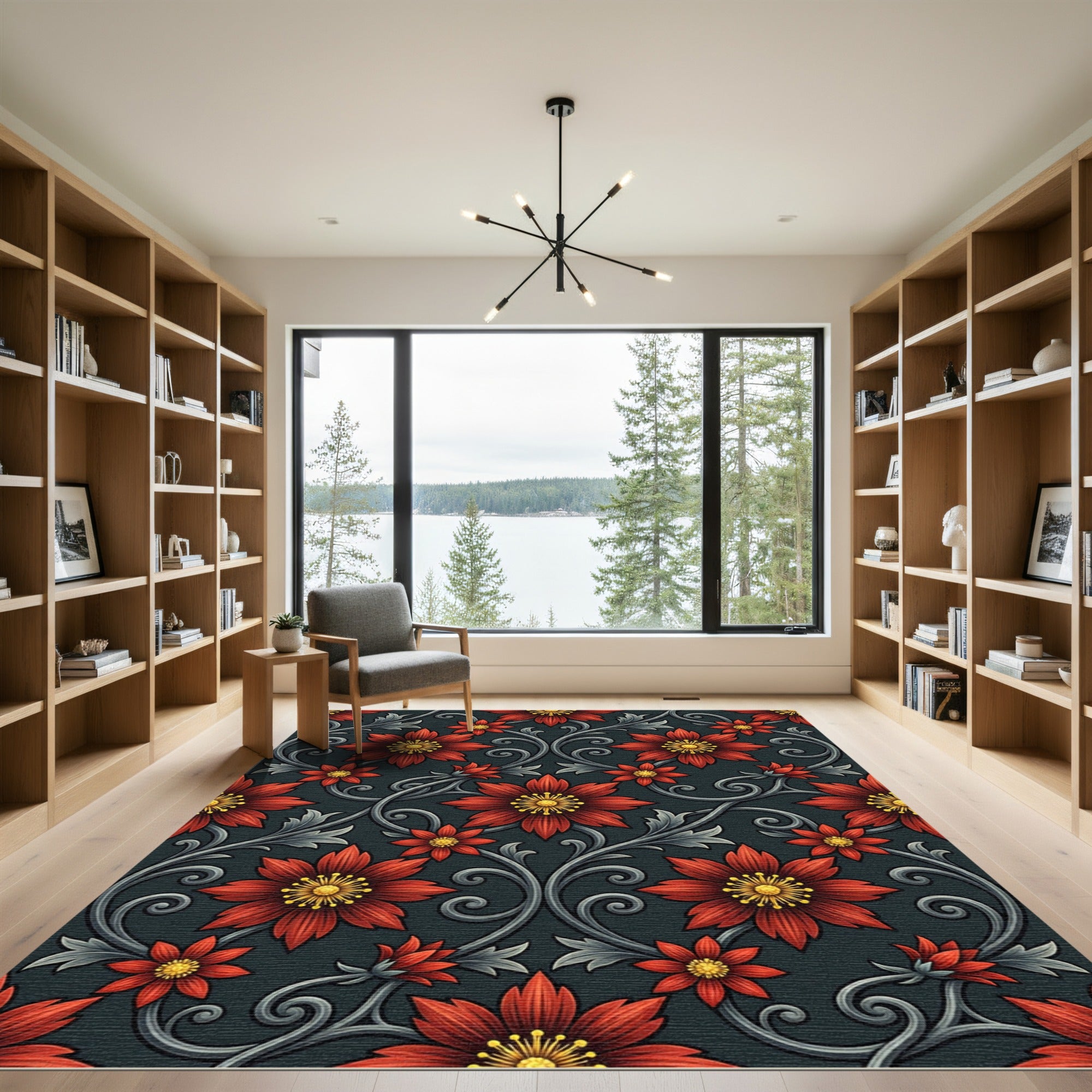 Victorian Crimson Floral Scrolling Vine Rug