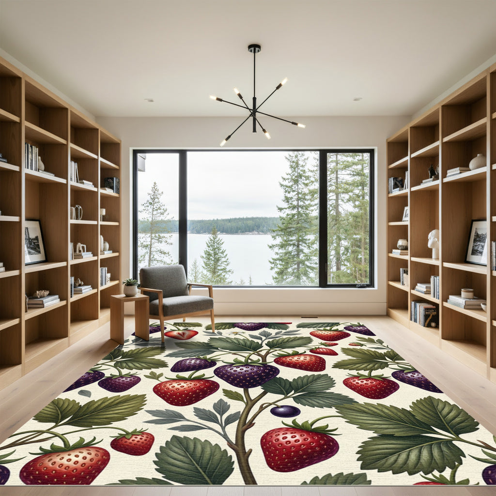 Whimsical Dark Berry Botanical Strawberry Garden Rug