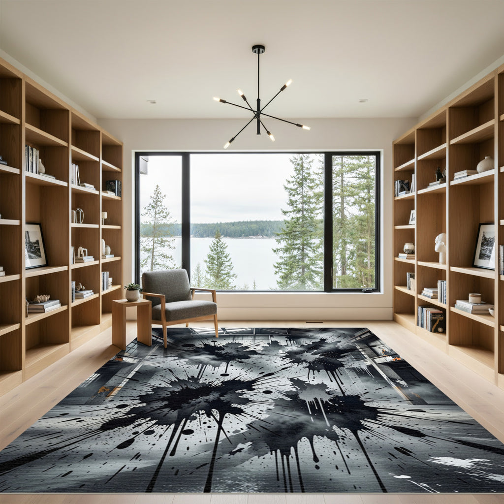 Black Splatter Abstract Grunge Floor Rug