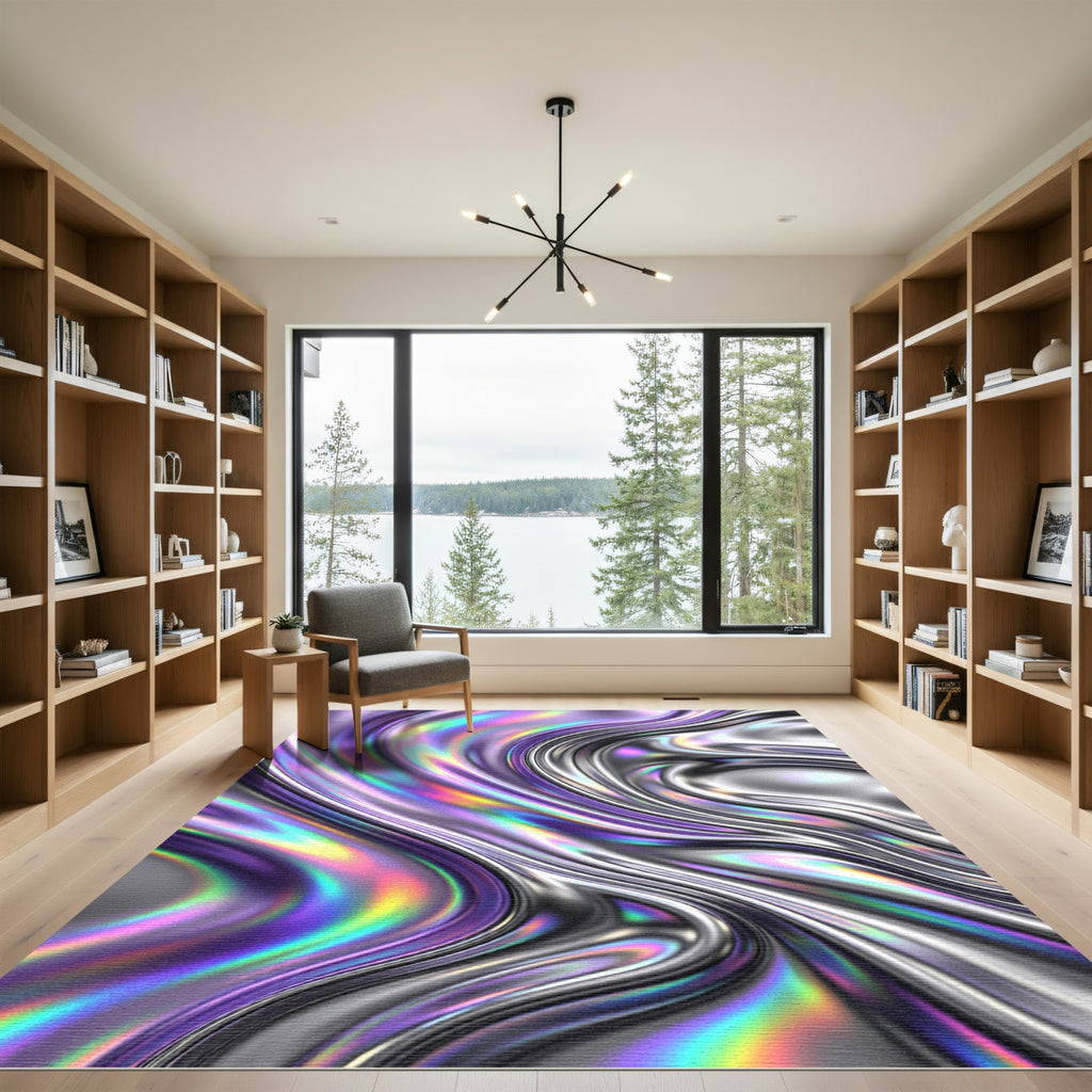 Iridescent Liquid Chrome Swirl Wave Rug