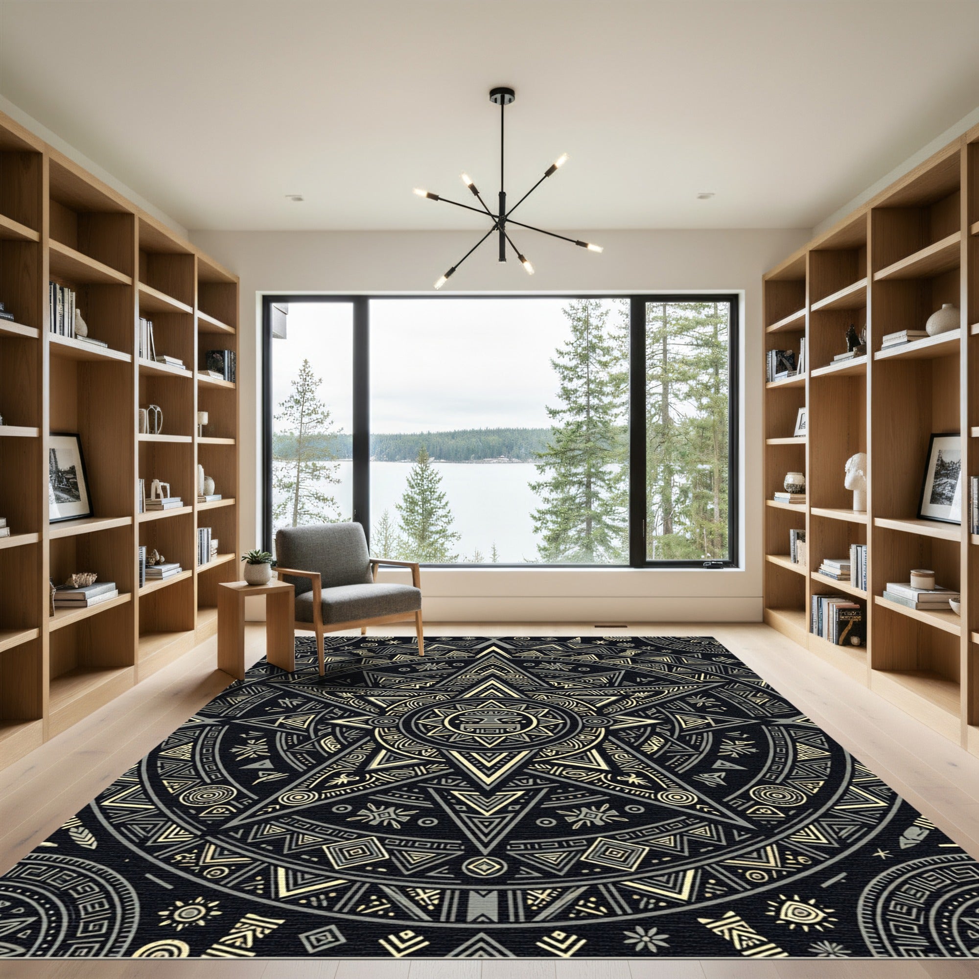 Golden Aztec Sun Star Geometric Medallion Rug