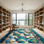 Ocean Blue Seashell Peacock Arrangement Rug