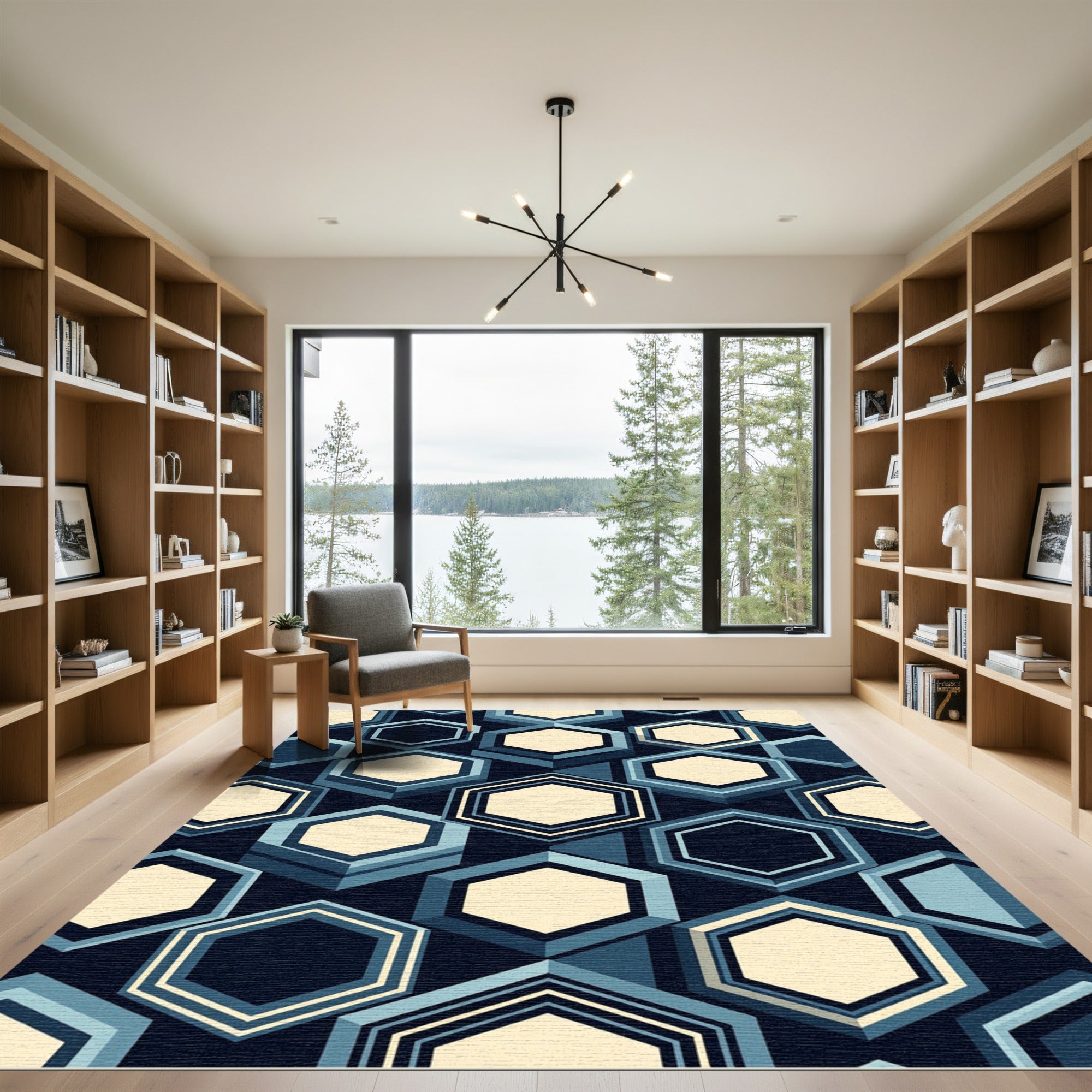 Navy Blue Hexagon Geometric Composition Rug
