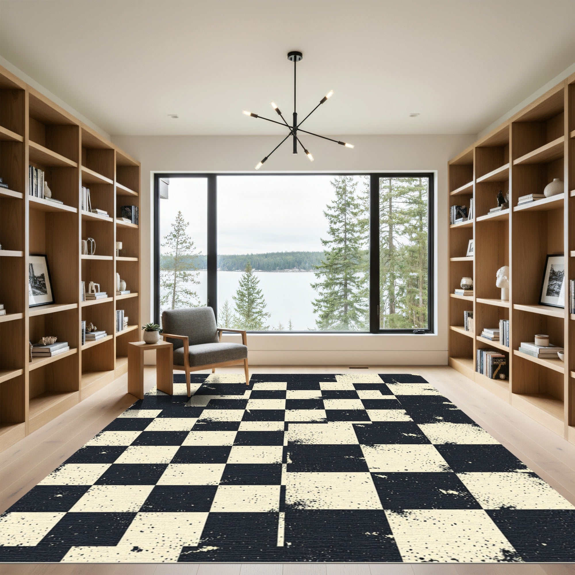 Distressed Black and Cream Checkerboard Rug