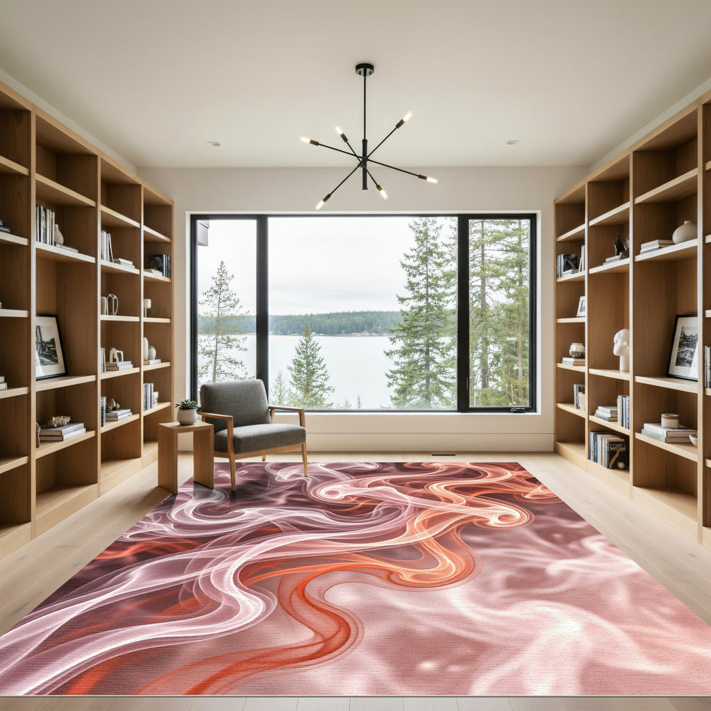 Ethereal Crimson Swirl Abstract Rug