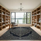 Ornate Charcoal Silver Filigree Medallion Rug