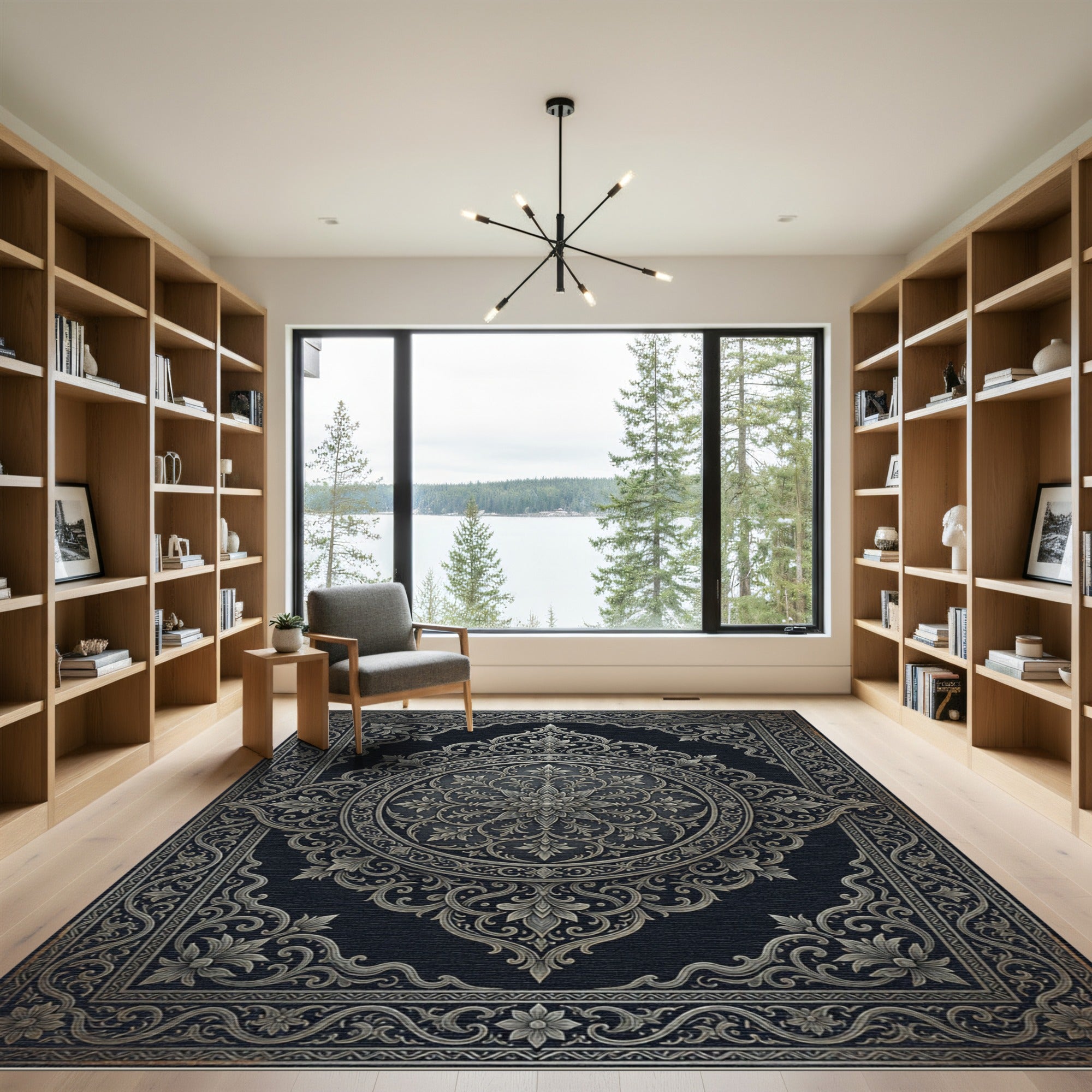 Ornate Charcoal Silver Filigree Medallion Rug