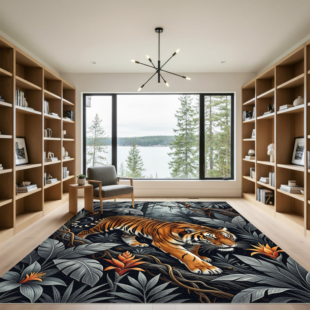 Vivid Orange Tiger Jungle Foliage Rug