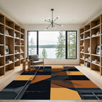 Modern Geometric Ochre and Charcoal Grid Rug
