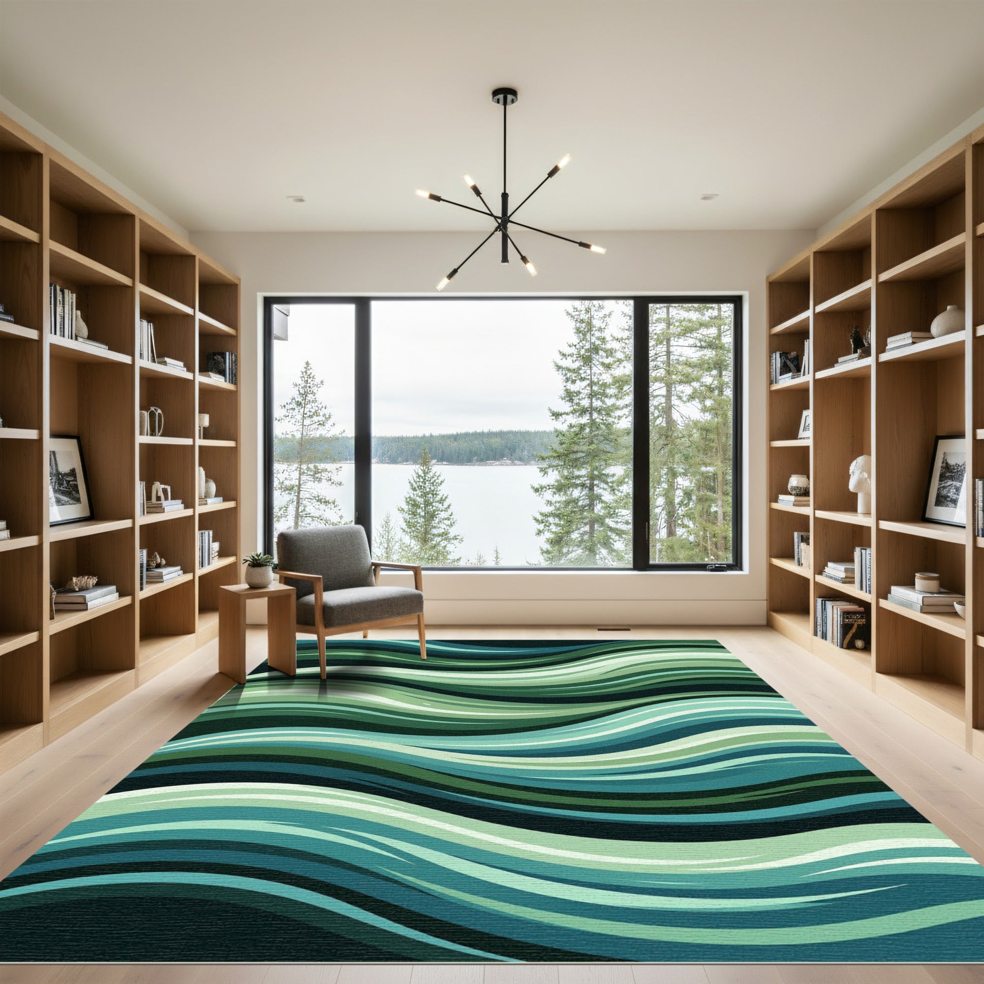 Teal Blue Green Flowing Wave Lines Rug